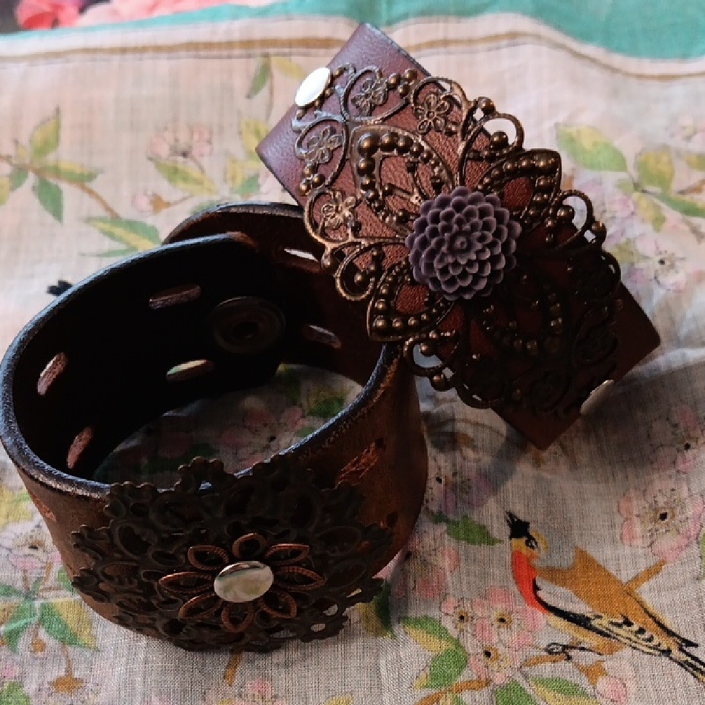 Two Handmade Brown Leather Cuff Bracelets with Floral Accents